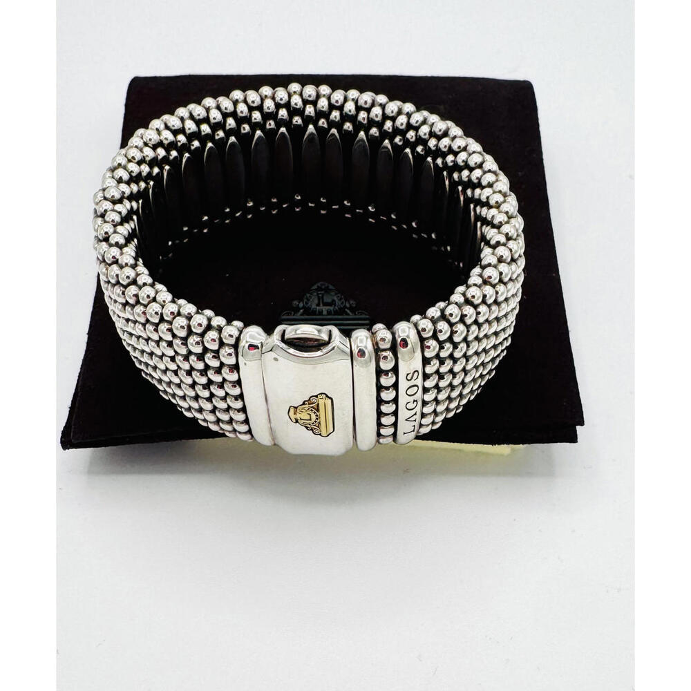 Authentic Lagos Polished Sterling Silver 18K Gold Accent Caviar Cuff